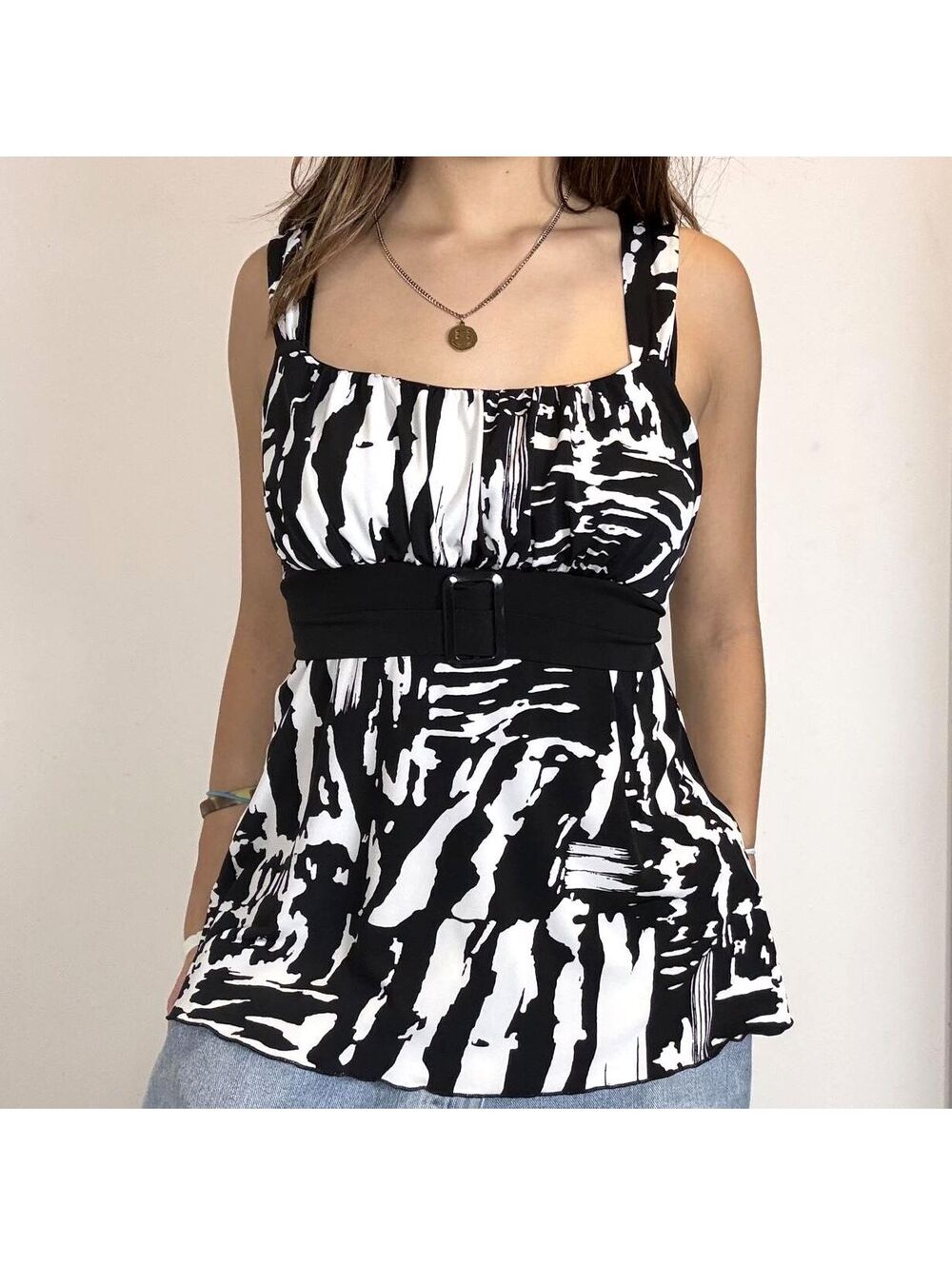 Vintage IZ Byer black and white belted babydoll top tie back size XL runs small